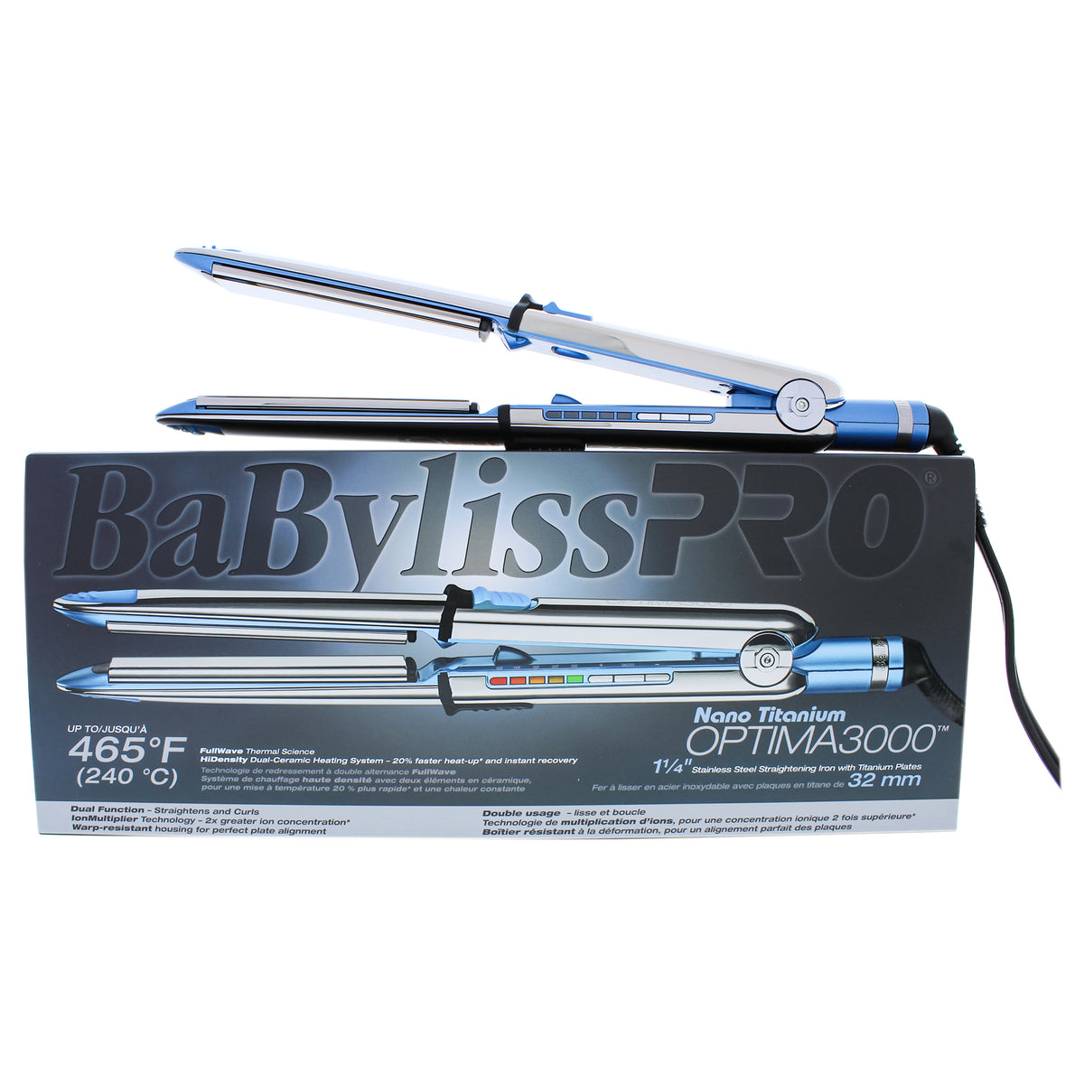 Nano Titanium Optima 3000 Flat Iron - Model BABSS3000TC - Silver-Blue