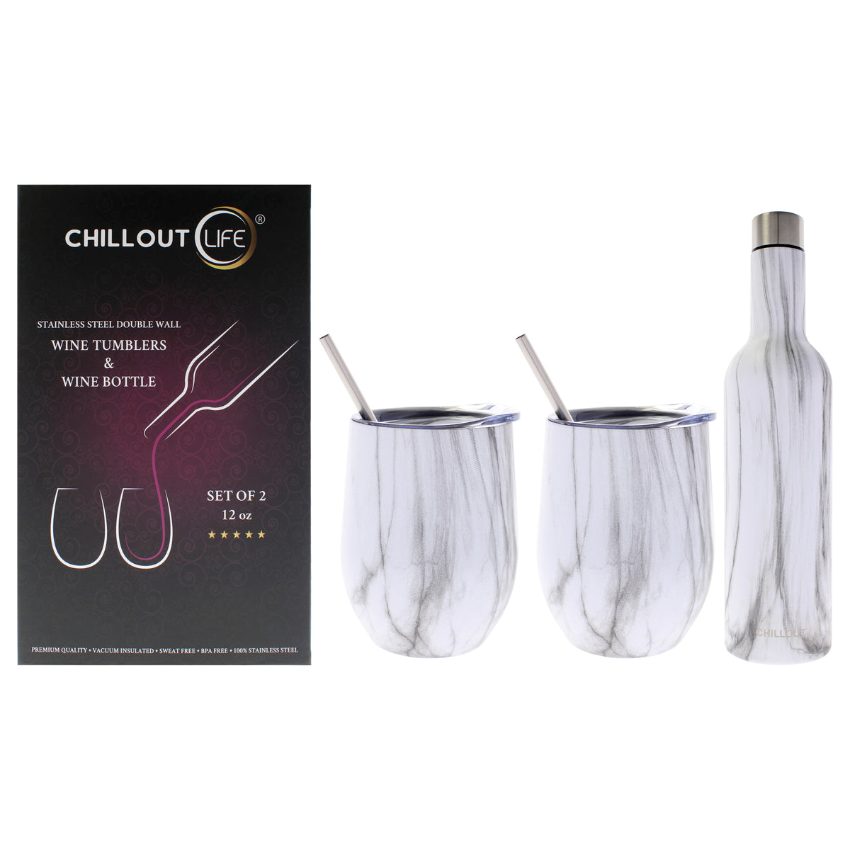 Stainless Steel Double Wall Wine Tumbler and Wine Bottle - Carrara Marble