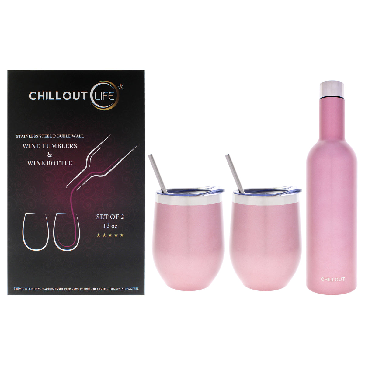 Stainless Steel Double Wall Wine Tumbler and Wine Bottle - Rose Gold