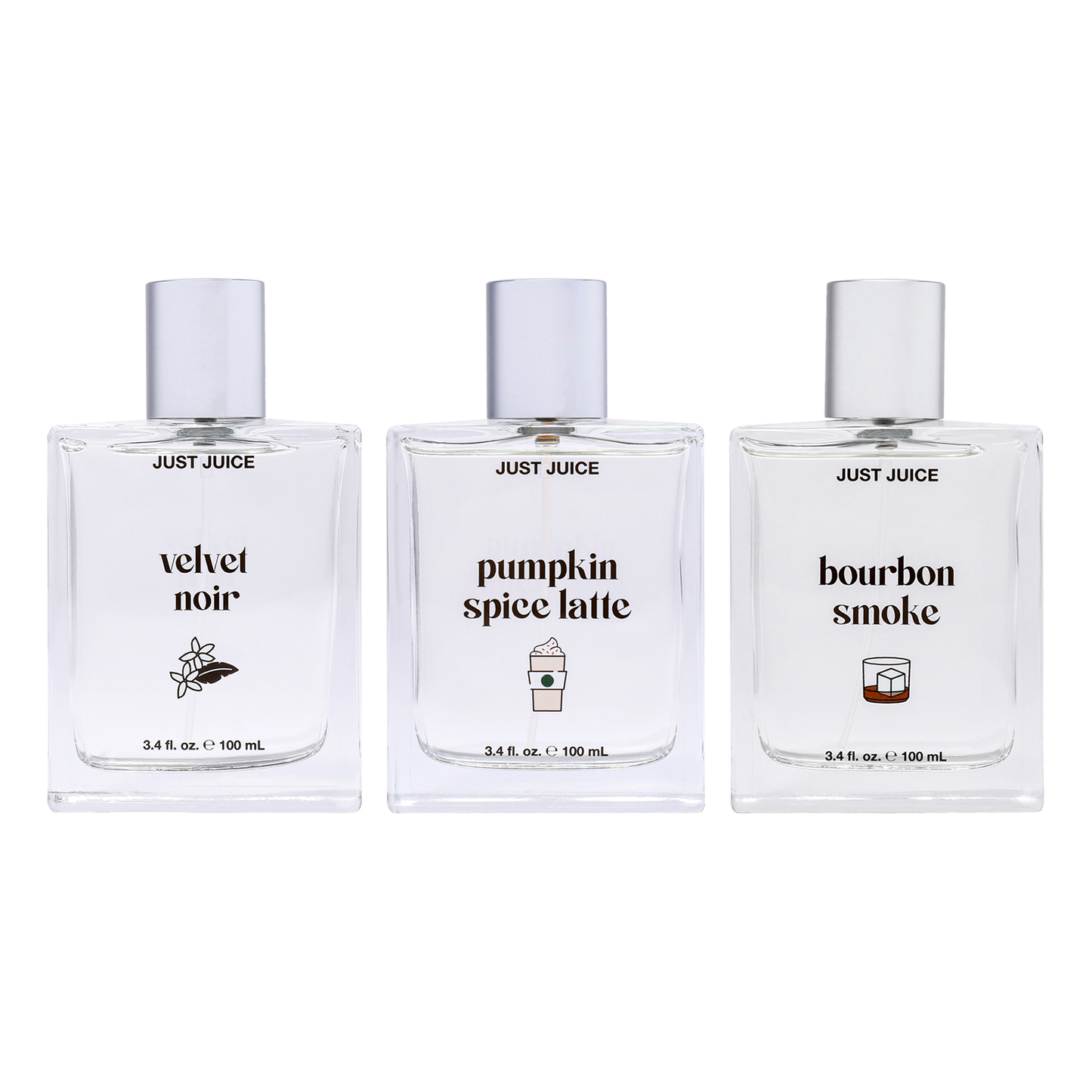 Warm and Cozy Nights Kit by Just Juice for Unisex - 3 Pc Kit 3.4oz Pumpkin Spice Latte EDP Spray, 3.4oz Bourbon Smoke EDP Spray, 3.4oz Velvet Noir EDP Spray