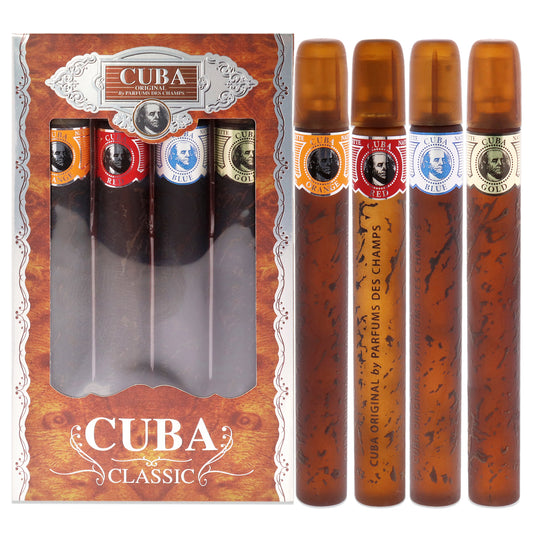 Cuba by Cuba for Men - 4 Pc Gift Set 1.17oz Cuba Gold, 1.17oz Cuba Blue, 1.17oz Cuba Red, 1.17oz Cuba Orange