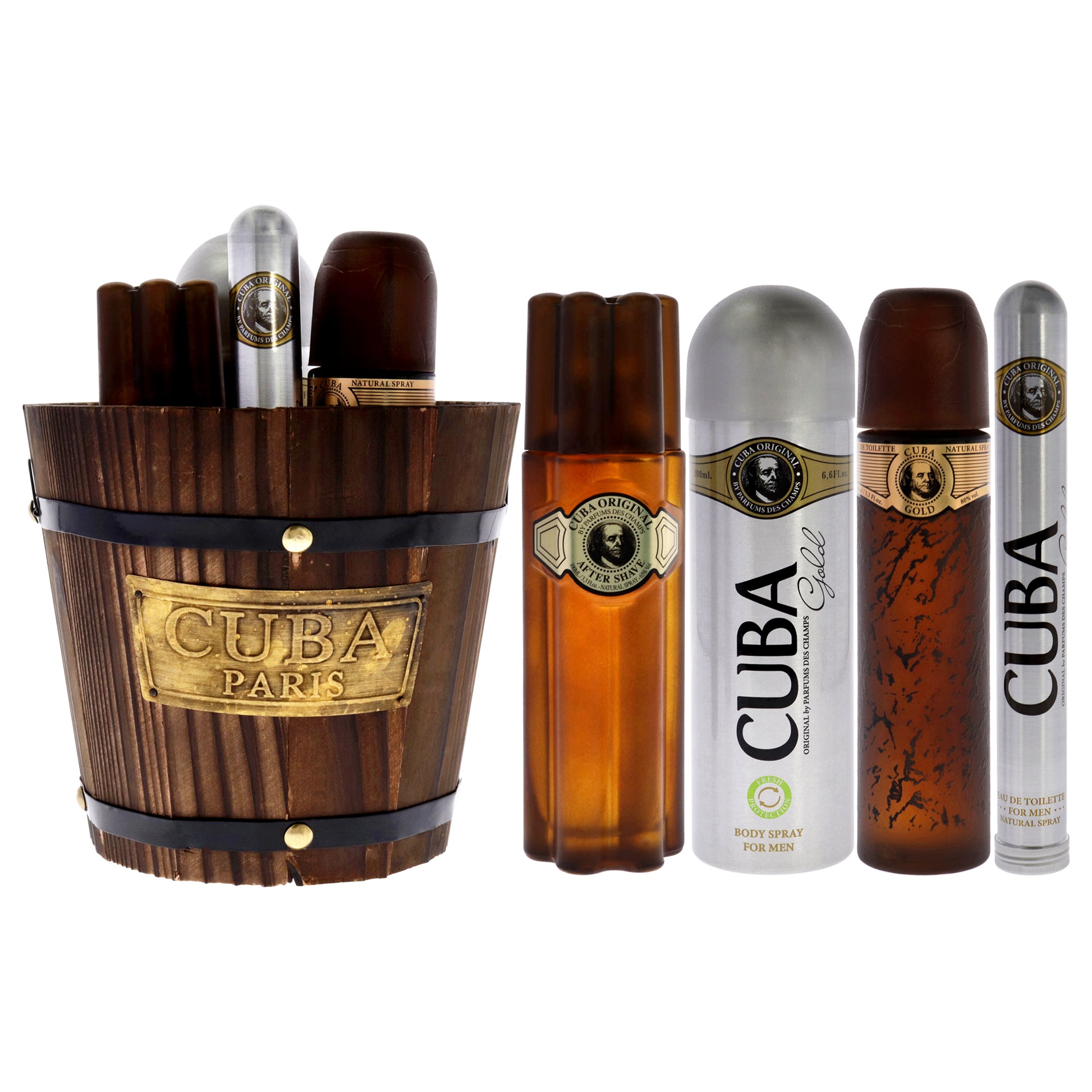 Cuba Gold by Cuba for Men - 5 Pc Gift Set 3.4oz EDT Spray, 6.7oz Deodorant Spray, 3.3oz After Shave, 1.17oz EDT Spray with bucket