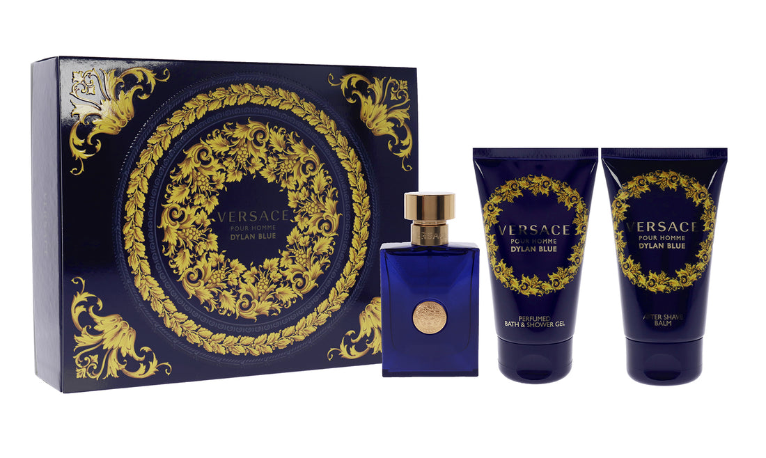 Dylan Blue by Versace for Men 3 Pc Gift Set 1.7oz EDT Spray, 1.7oz After Shave Balm, 1.7oz Perfumed Bath Shower Gel