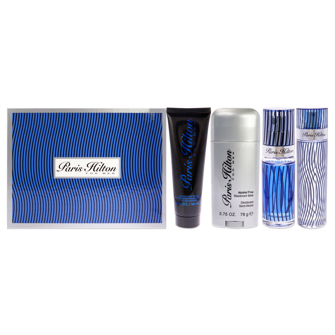 Paris Hilton by Paris Hilton for Men 4 Pc Gift Set 3.4oz EDT Spray, 3oz Hair and Body Wash, 2.75oz Alcohol Free Deodorant Stick, 0.34oz EDT Spray