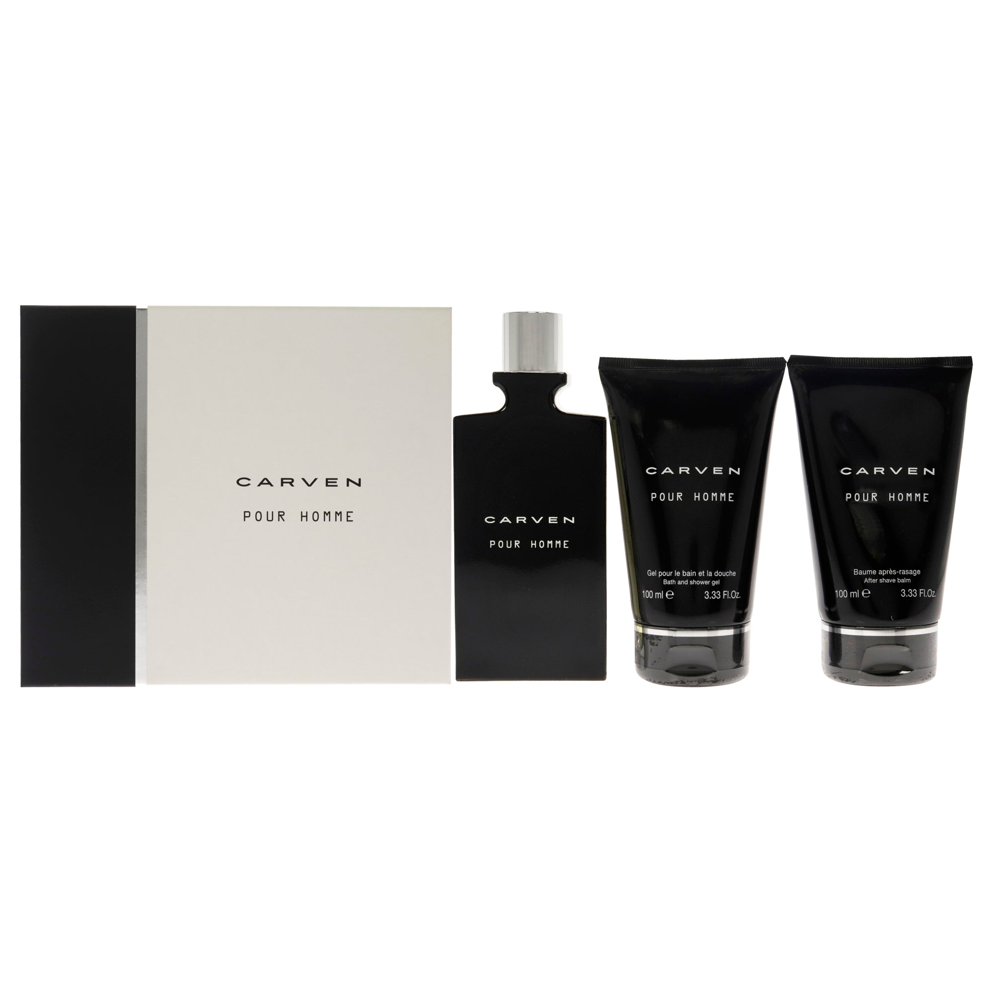 Pour Homme by Carven for Men 3 Pc Gift Set 3.33oz EDT Spray, 3.33oz After-Shave Balm, 3.33oz Bath and Shower Gel