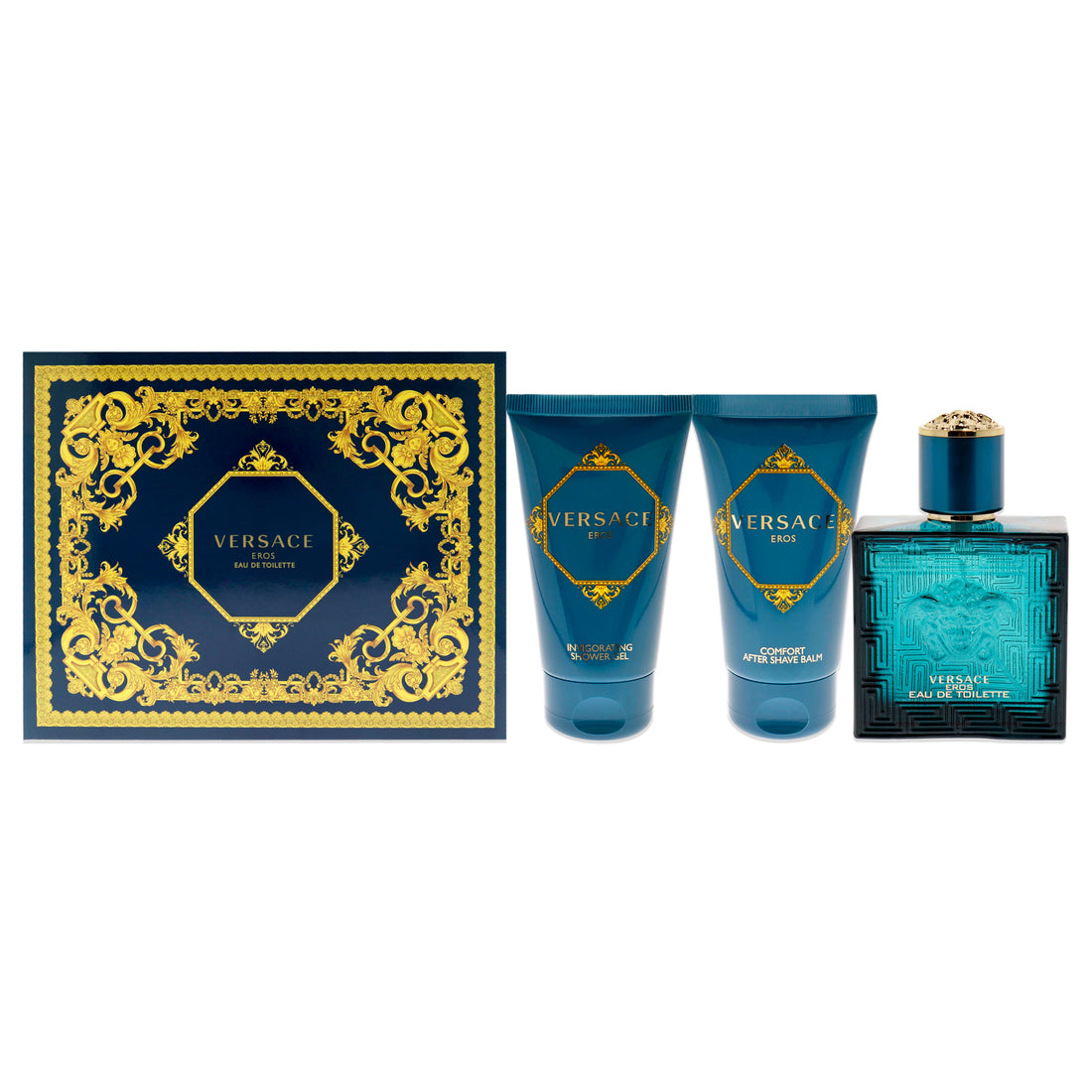 Versace Eros by Versace for Men 3 Pc Gift Set 1.7 oz EDT Spray, 1.7 oz Comfort After Shave Balm, 1.7 oz Invigorating Shower Gel