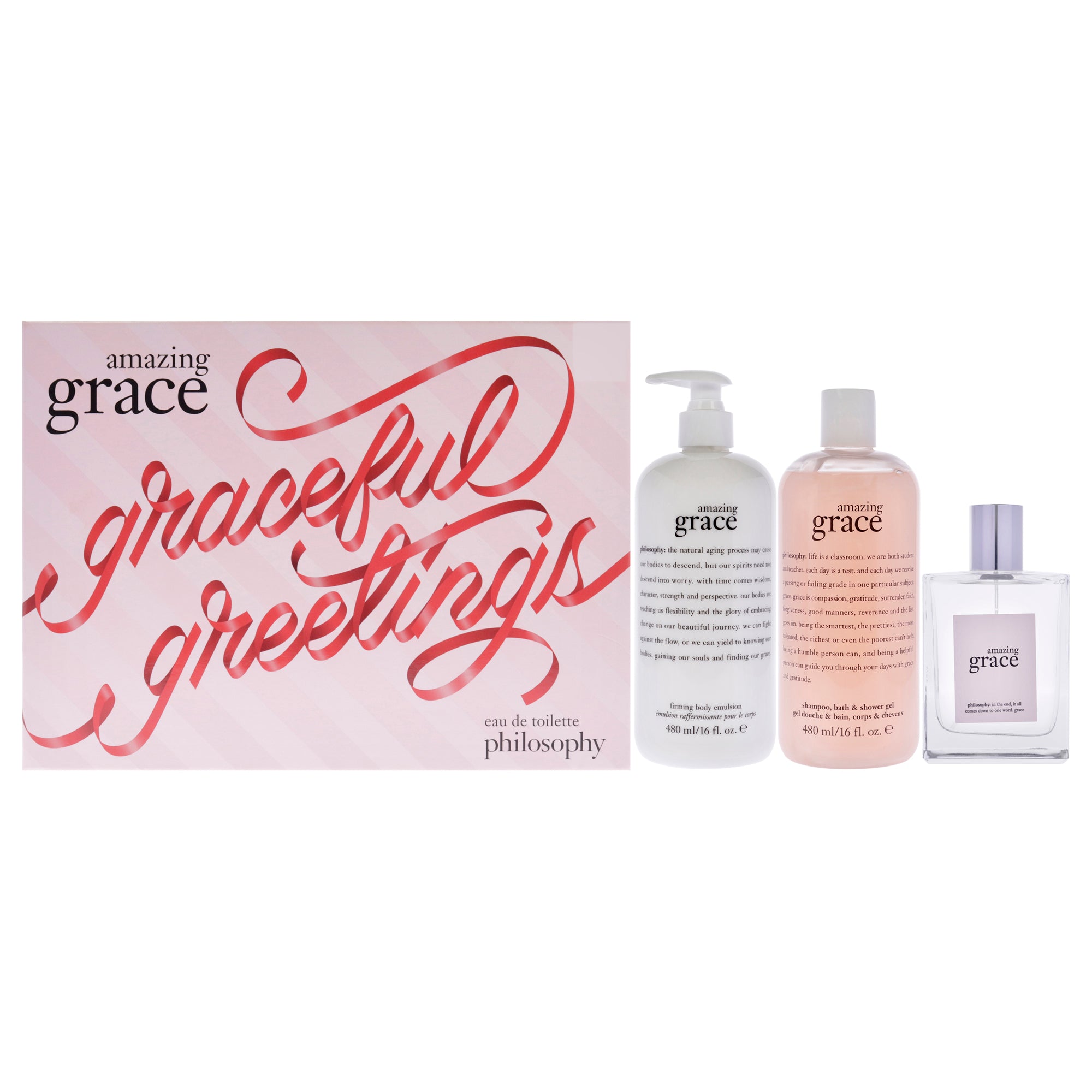 Amazing Grace Jumbo Set by Philosophy for Women - 3 Pc Gift Set 4oz EDT Spray, 16oz Shampoo Bath & Shower Gel, 16oz Firming Body Emulsion