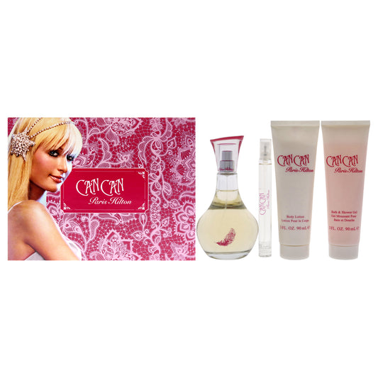 Can Can by Paris Hilton for Women 4 Pc Gift Set 3.4oz EDP Spray, 0.34oz EDP Spray, 3oz Body Lotion, 3oz Bath and Shower Gel