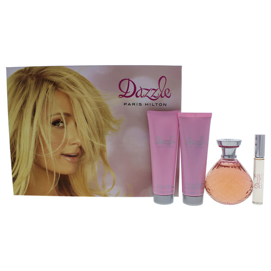 Dazzle by Paris Hilton for Women 4 Pc Gift Set 4.2oz EDP Spray, 0.34oz EDP Rollerball, 3oz Body Lotion, 3oz Bath & Shower Gel
