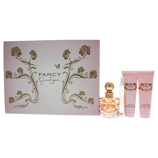 Fancy by Jessica Simpson for Women 4 Pc Gift Set 3.4oz EDP Spray, 0.34oz EDP Spray, 3oz Body Lotion, 3oz Bath & Shower Gel