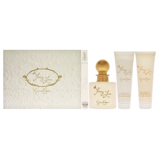 Fancy Love by Jessica Simpson for Women 4 Pc Gift Set 3.4oz EDP Spray, 0.34oz EDP Mini Spray, 3oz Body Lotion, 3oz Bath and Shower Gel