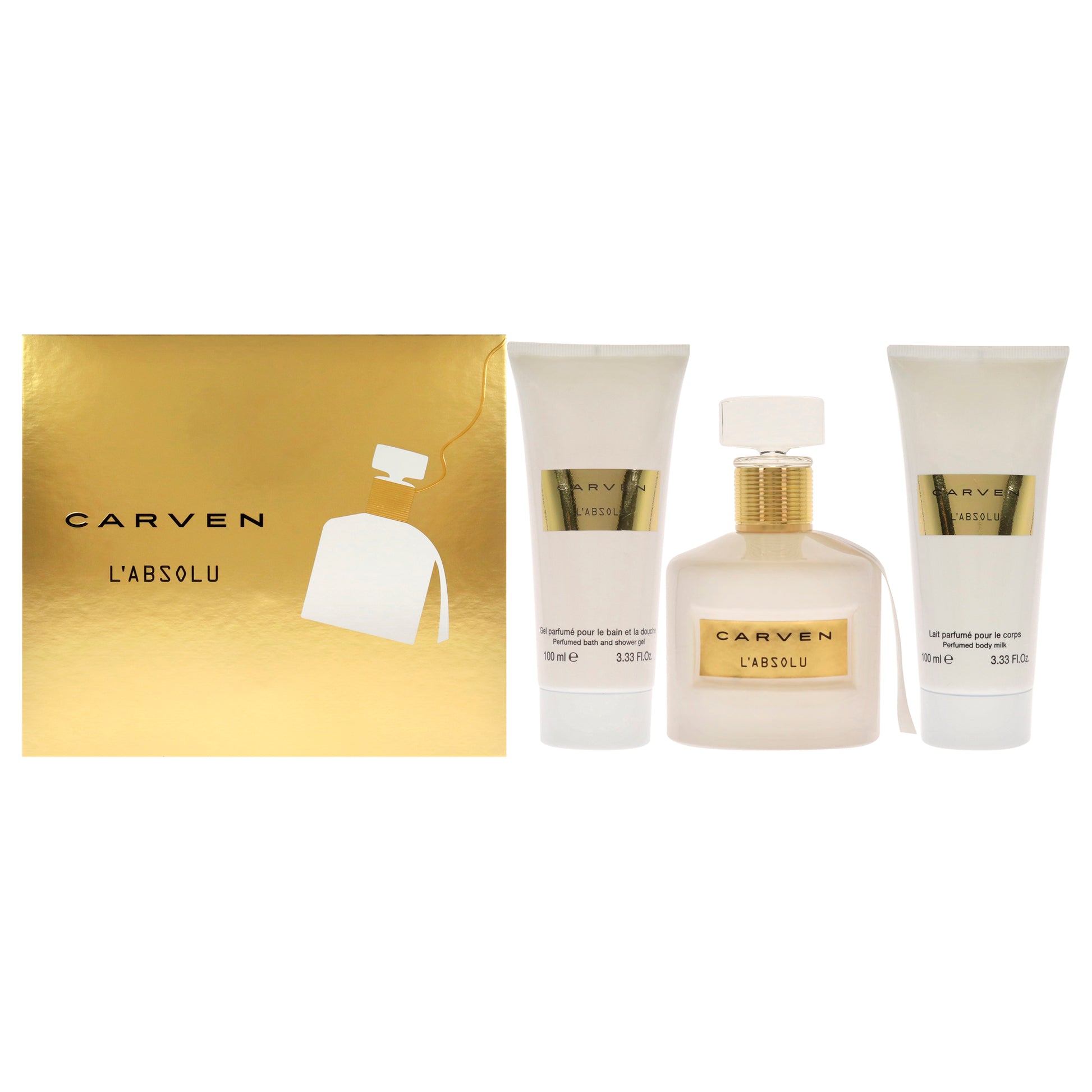 LAbsolu by Carven for Women 3 Pc Gift Set 3.33oz EDP Spray, 3.33oz Perfumed Body Milk, 3.33oz Perfumed Bath and Shower Gel