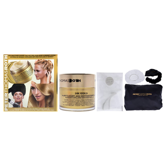 24K Gold Pure Luxury Age-Defying Hair Mask Bonnet System by Peter Thomas Roth for Unisex 1 Pc Kit 4.9oz 24K Gold Pure Luxury Age-Defying Hair Mask, Signature PTR Bonnet, 6 Pc Shower Caps