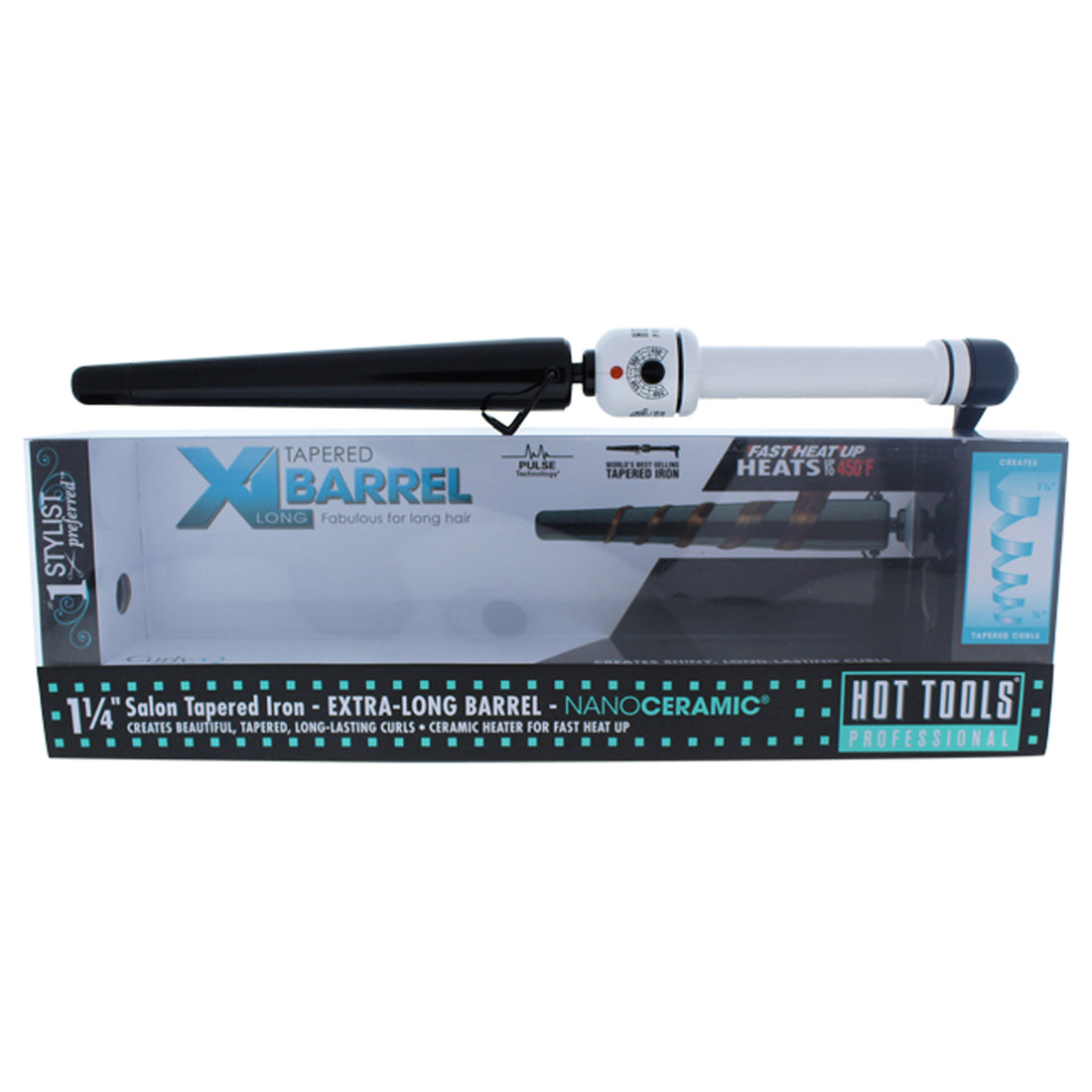 Nano Ceramic Salon Tapered Iron Extra Long Barrel - Model#HTBW1852XL-White/Black