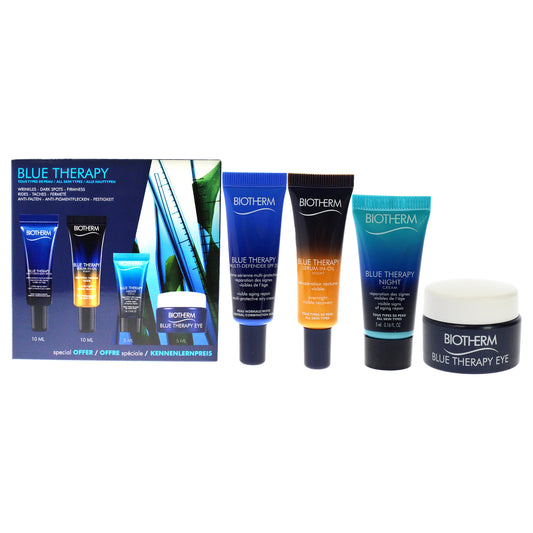 Blue Therapy Kit by Biotherm for Unisex - 4 Pc Kit 0.16oz Blue Therapy Night, 0.16oz Blue Therapy Eye, 0.33oz Blue Therapy Serum-In-Oil Nuit, 0.33oz Blue Therapy Multi-Defender SPF 25