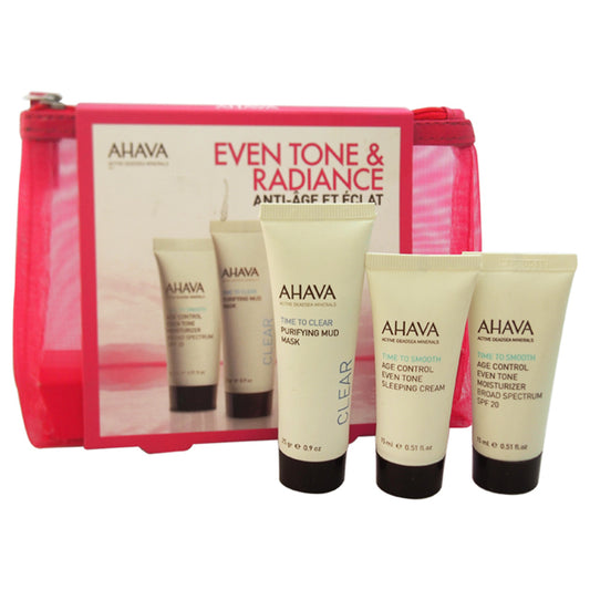 Even Tone & Radiance by Ahava for Unisex - 3 Pc Kit 0.51oz Even Tone Sleeping Cream, 0.9oz Purifying Mud Mask, 0.51oz Even Tone Moisturizer Broad Spectrum SPF 20