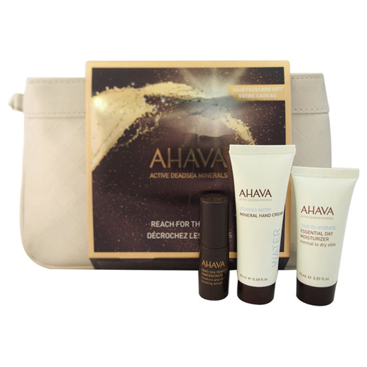 Reach For The Stars by Ahava for Unisex - 3 Pc Kit 0.68oz Deadsea Water Mineral Hand Cream, 0.51oz Essential Day Moisturizer - Normal To Dry Skin, 0.17oz Moisture And Radiance Boosting Serum