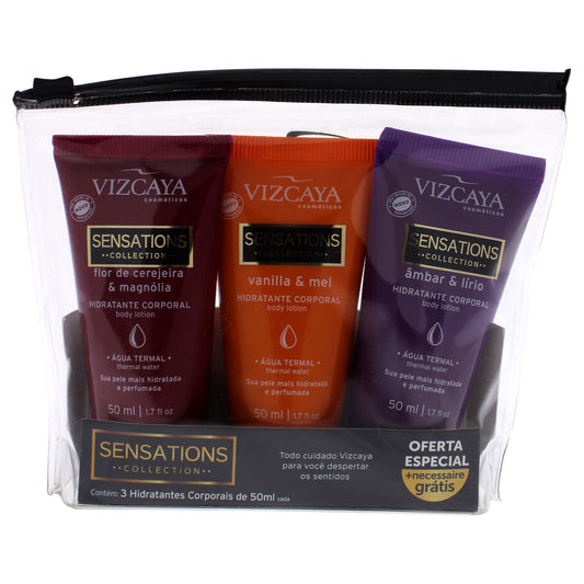 Sensations Colections Kit by Vizcaya for Unisex - 3 Pc Kit 1.7oz Amber and Lily Body Lotion, 1.7oz Cherry Blossom and Magnolia, 1.7oz Vanilla and Honey