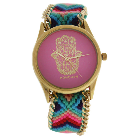 MSHHIPH Hindi Hand - Gold/Pink Nylon Strap Watch by Manoush for Women - 1 Pc Watch