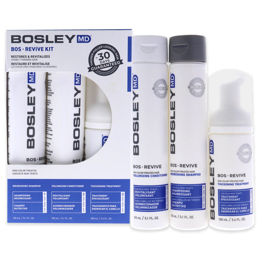 Boss Revive Non Color Treated-Hair Kit by Bosley for Unisex - 3 Pc Kit 5.1oz Nourishing Shampoo, 5.1oz Volumizing Conditioner, 3.4oz Thickening Treatment