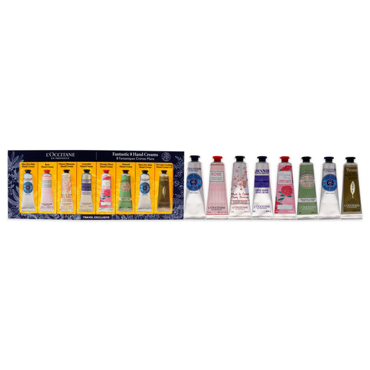 Fantastic 8 Hand Creams Kit by LOccitane for Unisex 8 x 1 oz Shea Dry Skin, Rose, Cherry Blossom, Lavender, Pivoine Flora, Almond, Verveine Cooling Hand Cream Gel