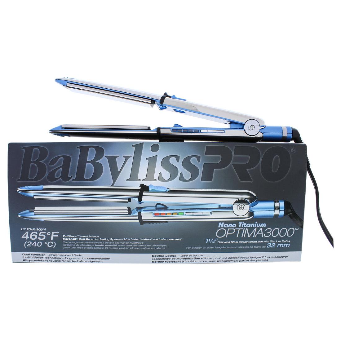 Nano Titanium Optima 3000 Flat Iron - Model BABSS3000TC - Silver-Blue
