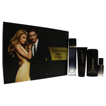 Gold Rush Man by Paris Hilton for Men 4 Pc Gift Set 3.4oz EDT Spray, 0.5oz EDT Spray, 3.0oz Hair Body Wash, 2.75oz Alcohol Free Deodorant Stick