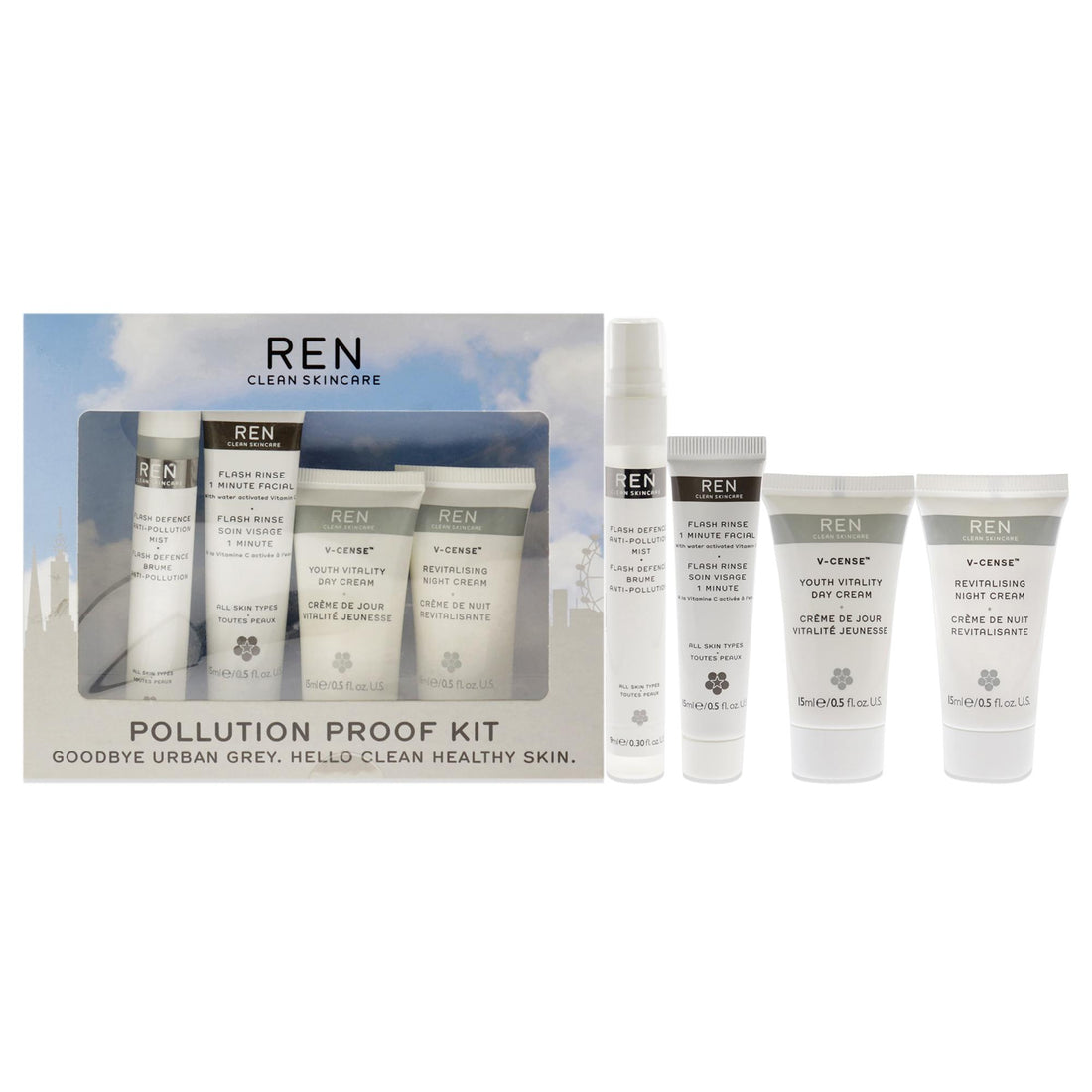 Pollution Proof Kit by REN for Unisex 4 Pc Kit 0.5oz Flash Rinse 1 Minute Facial, 0.5oz V-Cense Youth Vitality Day Cream,0.5oz V-Cense Revitalising Night Cream, 0.30oz Flash Defense Anti-Pollution Mist