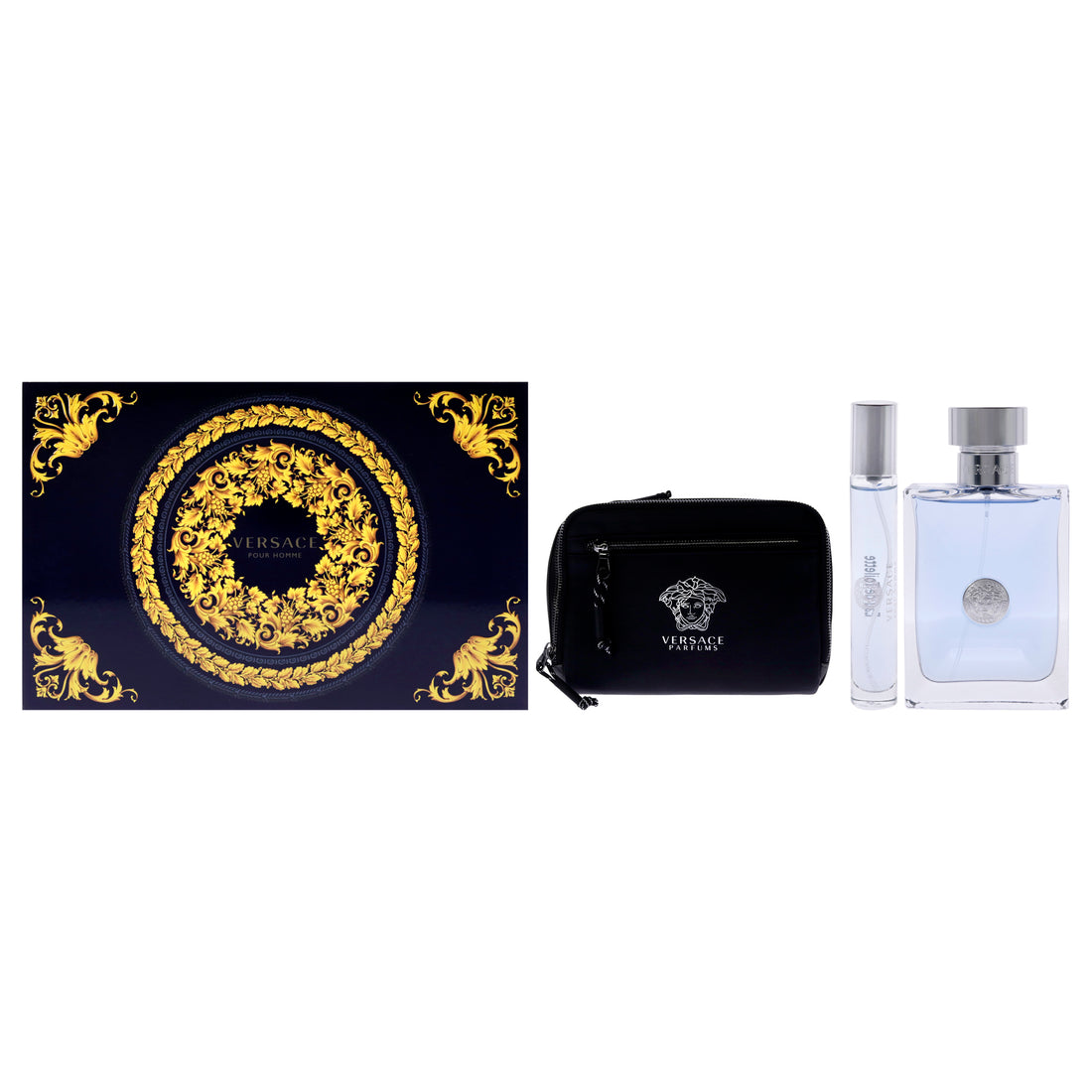 Versace Pour Homme by Versace for Men 3 Pc Gift Set 3.4oz EDT Spray, 10ml EDT Spray (Mini), Versace Trousse Man