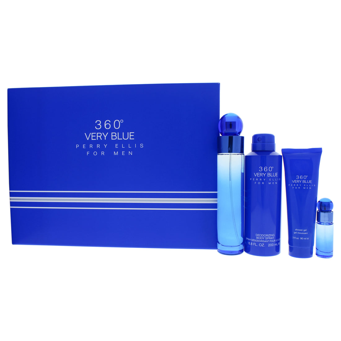 360 Very Blue by Perry Ellis for Men 4 Pc Gift Set 3.4oz EDT Spray, 7.5ml EDT Spray, 6.8oz Body Spray, 3oz Shower Gel