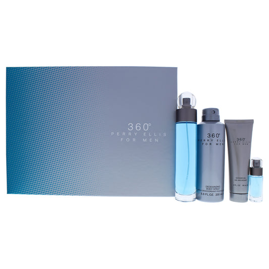 360 by Perry Ellis for Men 4 Pc Gift Set 3.4oz EDT Spray, 6.8oz Deodorizing Body Spray, 3.0oz Shower Gel, 0.25oz EDT Spray
