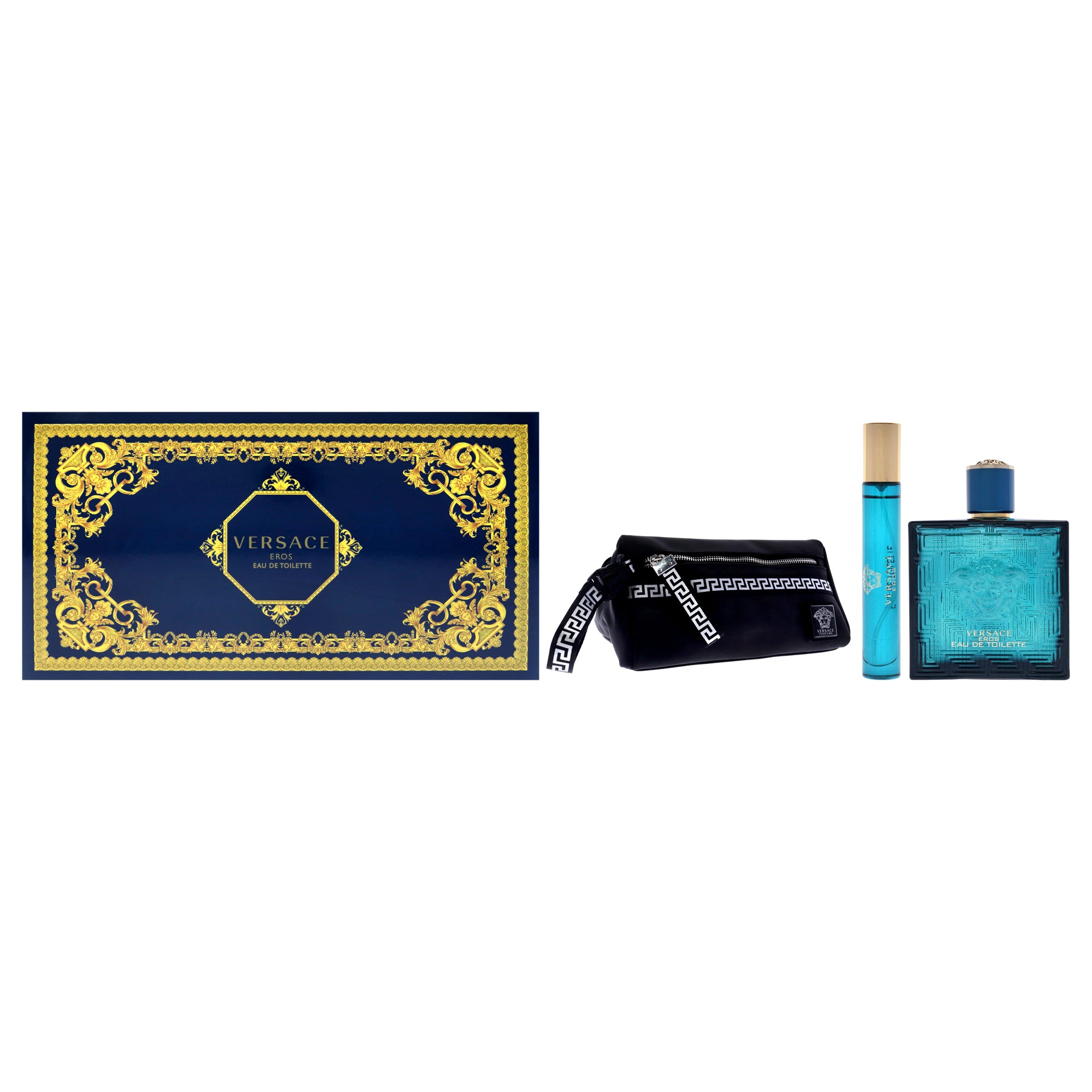 Versace Eros by Versace for Men 3 Pc Gift Set 3.4oz EDT Spray, 10ml EDT Spray, Blue Trousse