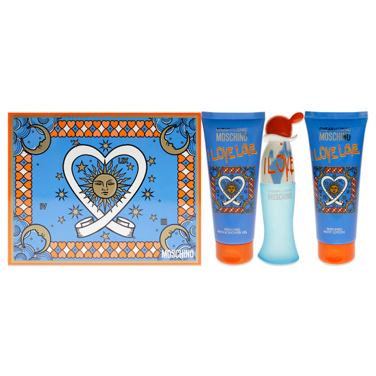 I Love Love Cheap and Chic by Moschino for Women - 3 Pc Gift Set 1.7oz EDT Spray, 3.4oz Perfumed Bath and Shower Gel, 3.4oz Perfumed Body Lotion