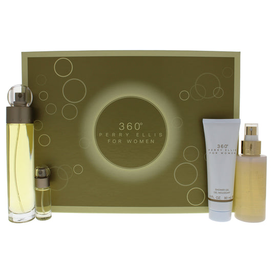 360 by Perry Ellis for Women 4 Pc Gift Set 3.4oz EDT Spray, 4oz Body Mist Spray, 3oz Shower Gel, 0.25oz EDT Spray