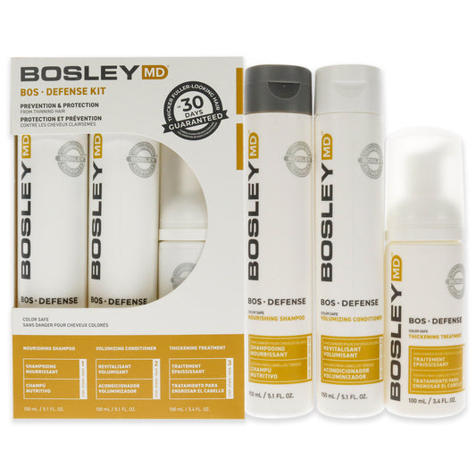 Bos Defense Color Safe Kit by Bosley for Unisex - 3 Pc 5.1oz Nourishing Shampoo, 5.1oz Volumizing Conditioner, 3.4oz Thickening Treatment