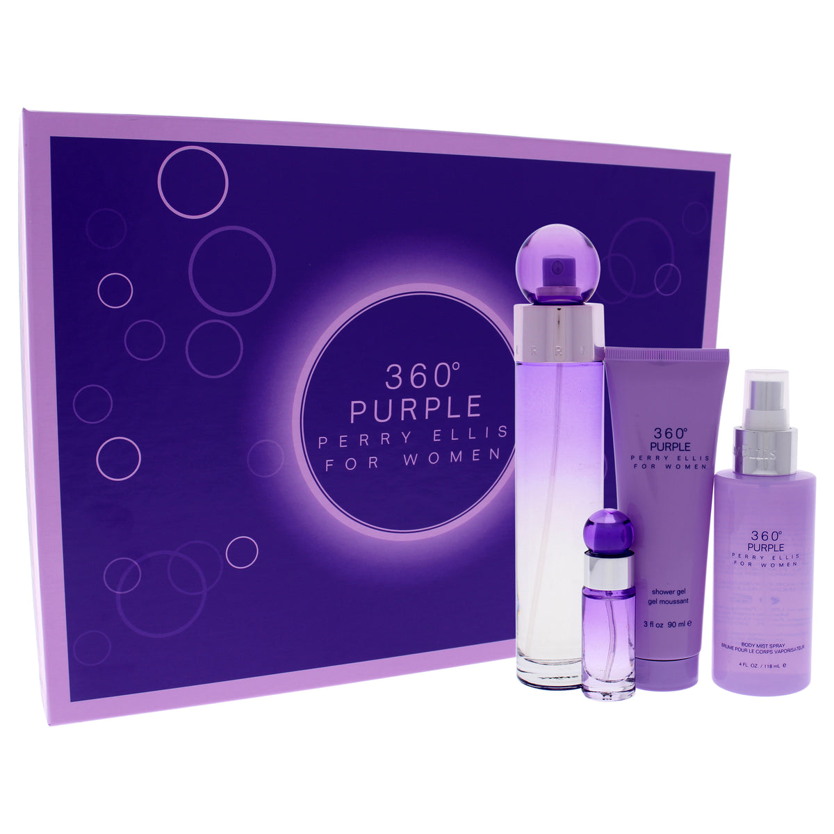 360 Purple by Perry Ellis for Women 4 Pc Gift Set 3.4oz EDP Spray, 7.5ml EDP Mini Spray, 4oz Body Mist, 3oz Shower Gel