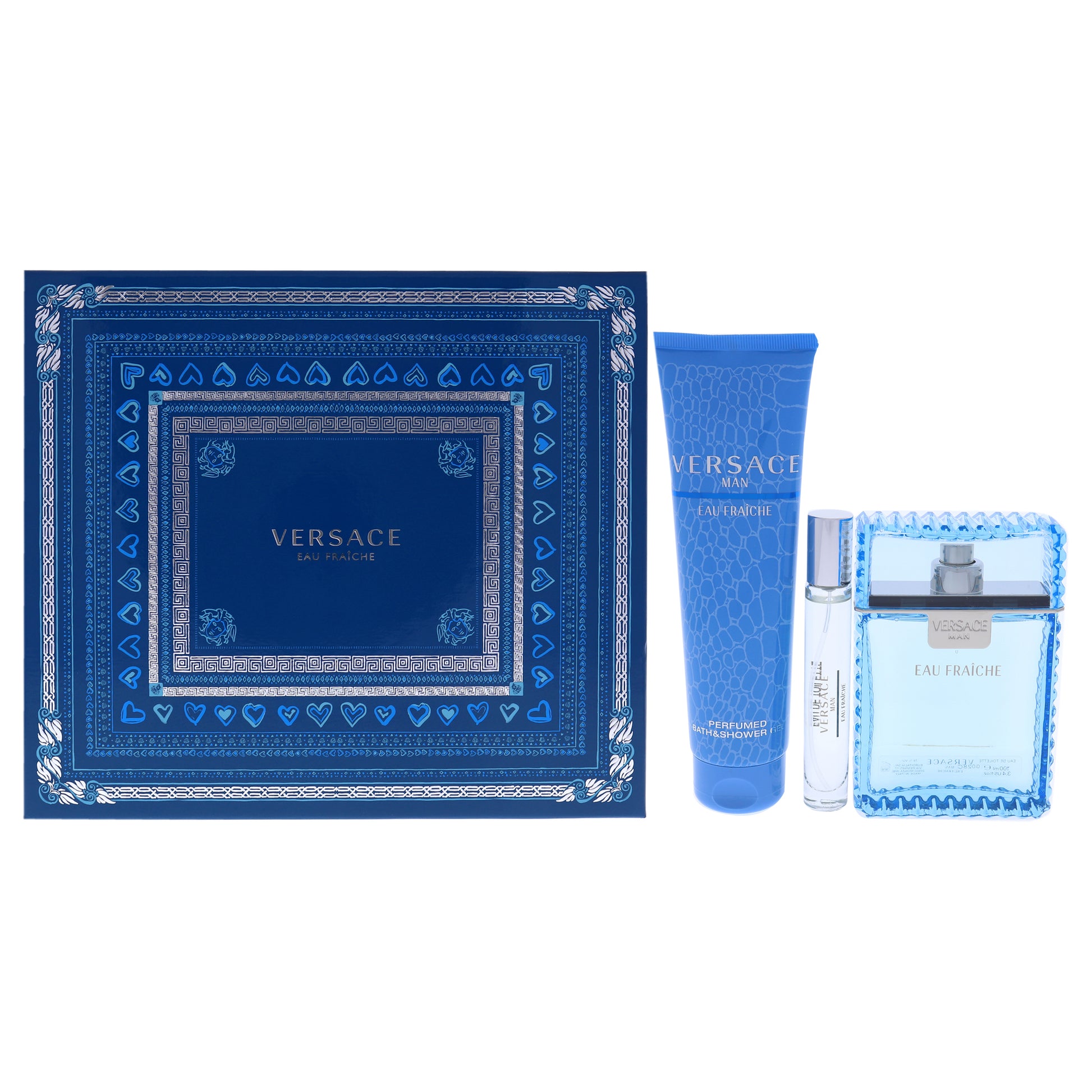 Versace Man Eau Fraiche by Versace for Men - 3 Pc Gift Set 3.4oz EDT Spray, 10ml EDT Spray, 5oz Bath and Shower Gel