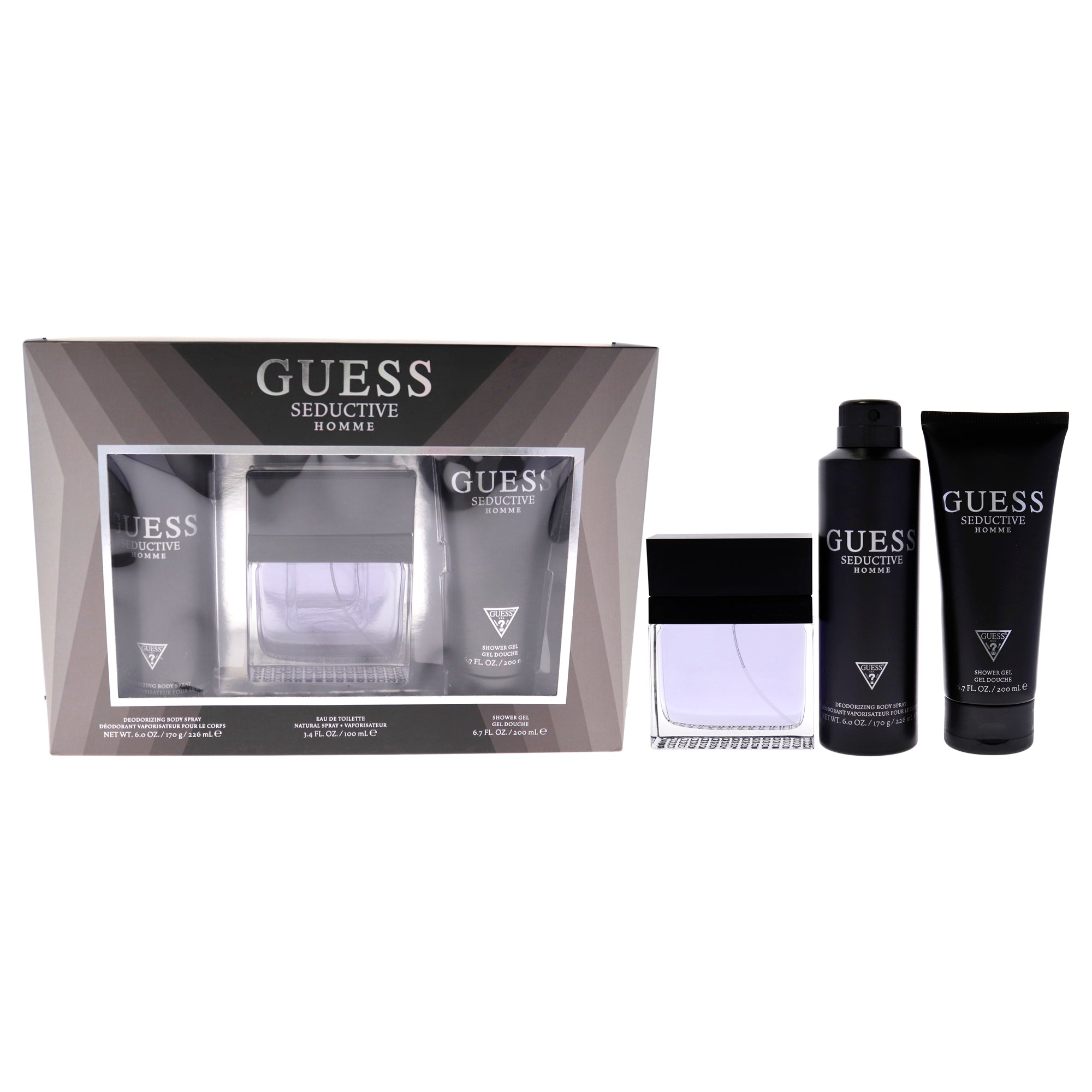 Seductive by Guess for Men 3 Pc Gift Set 3.4oz EDT Spray, 6oz Deodorizing Body Spray, 6.7oz Shower Gel