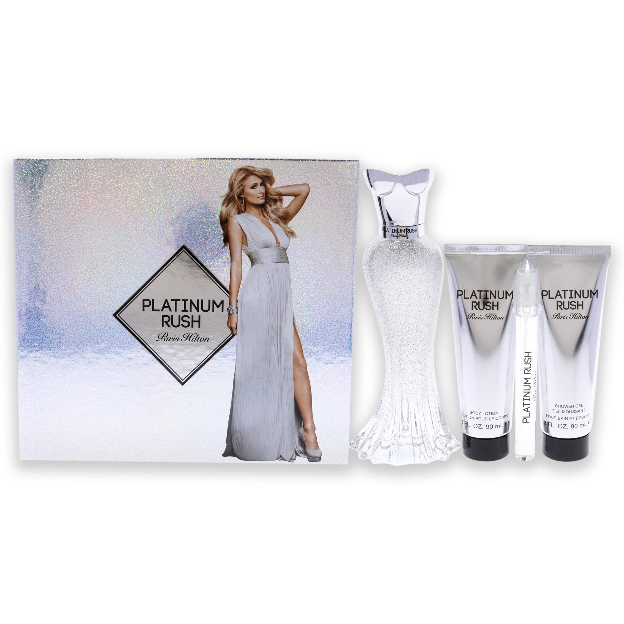 Platinum Rush by Paris Hilton for Women 4 Pc Gift Set 3.4 oz EDP Spray, 0.33oz EDP Spray, 3oz Body Lotion, 3oz Shower Gel