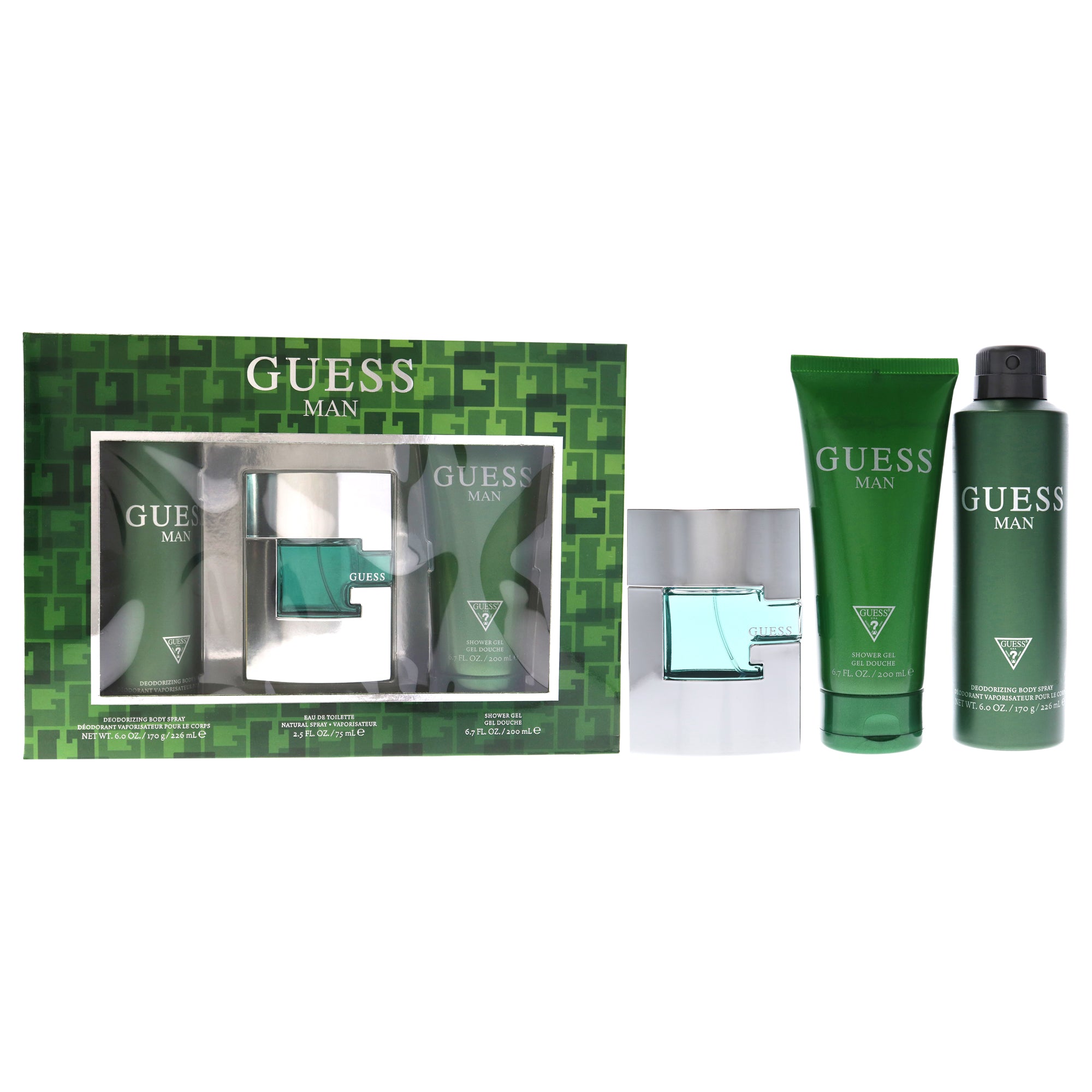 Guess Man by Guess for Men 3 Pc Gift Set 2.5oz EDT Spray, 6oz Deodorizing Body Spray, 6.7oz Shower Gel