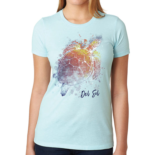 DelSol Girls Crew Tee - Turtle Splash-Ice Blue