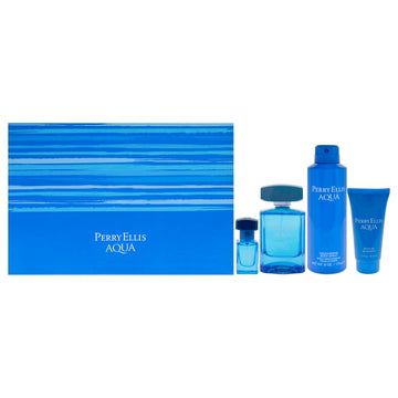 Perry Ellis Aqua by Perry Ellis for Men 4 Pc Gift Set 3.4oz EDT Spray, 0.25oz EDT Spray, 6.8oz Deodorizing Body Spray, 1.7oz Shower Gel