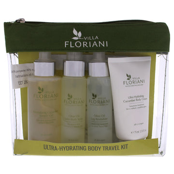 Ultra-Hydrating Body Travel Kit by Villa Floriani for Unisex 5 Pc 3.4oz Revitalizing Cucumber Shower Gel, 2.53oz Ultra Hydrating Cucumber Body Cream, 1.69oz Olive Oil Sating Body Spray, 1.69oz Olive Oil Leg Revitalizer, 1X1.41oz Olive Oil Body Scrub