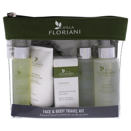 Face and Body Travel Kit by Villa Floriani for Women 5 Pc 3.4oz Cucumber Cleansing GEL, 1.69oz Cucumber Toner, 0.68oz Chamomile Calming Day Lotion SPF20, 2.53 Ultra Hydrating Cucumber Body Cream, 1.69oz Olive Oil Satin Body Spray