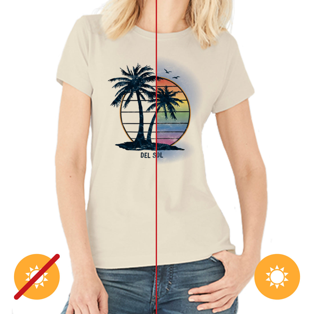 Women Crew Tee - Island Palm Sunset - Beige by DelSol for Women - 1 Pc T-Shirt (Medium)