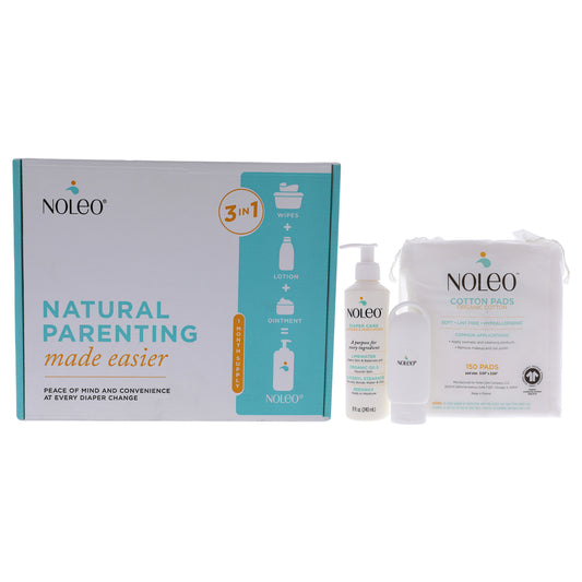 Natural Parenting 3-In-1 by Noleo for Kids - 3 Pc 8oz Clean And Moisturizing, 150 Pads Organic Cotton pads, Travel Bottle Empty