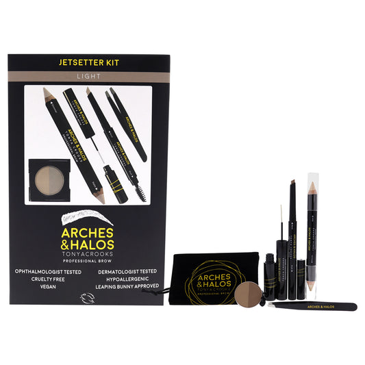 Jetsetter Brow Kit - Light by Arches and Halos for Women - 6 Pc 1 Pc Tweezer, 0.012 oz Pencil, 0.088 oz Powder, 0.176 oz Crayon, 0.176 Gel , Make Up Bag