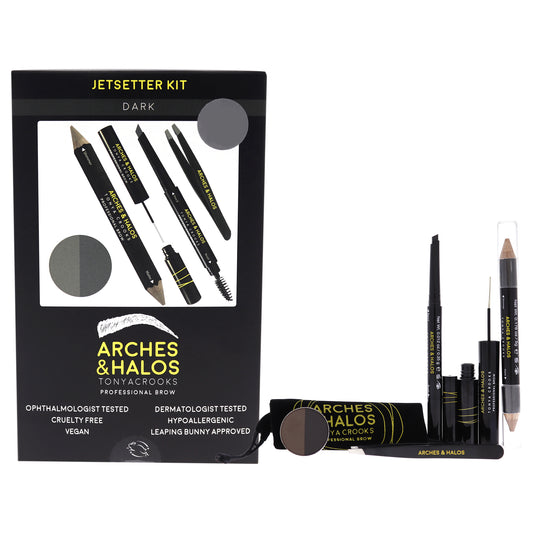 Jetsetter Brow Kit - Dark by Arches and Halos for Women - 6 Pc 1 Pc Tweezer, 0.012 oz Pencil, 0.088 oz Powder, 0.176oz Crayon, 0.176 Gel, Make Up Bag