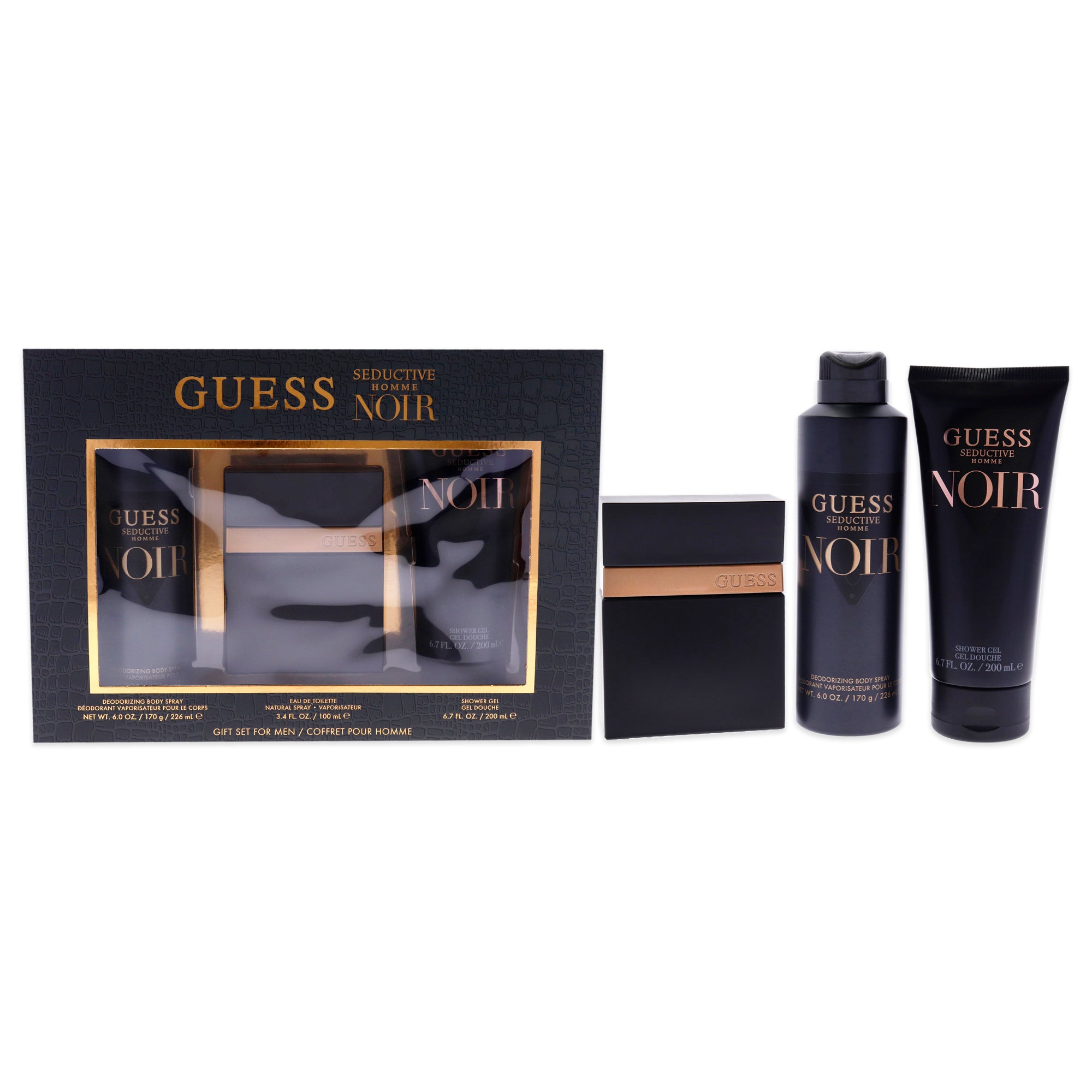 Guess Seductive Home Noir by Guess for Men 3 Pc Gift Set 3.4oz EDT Spray, 6oz Deodorizing Body Spray, 6.7oz Shower Gel