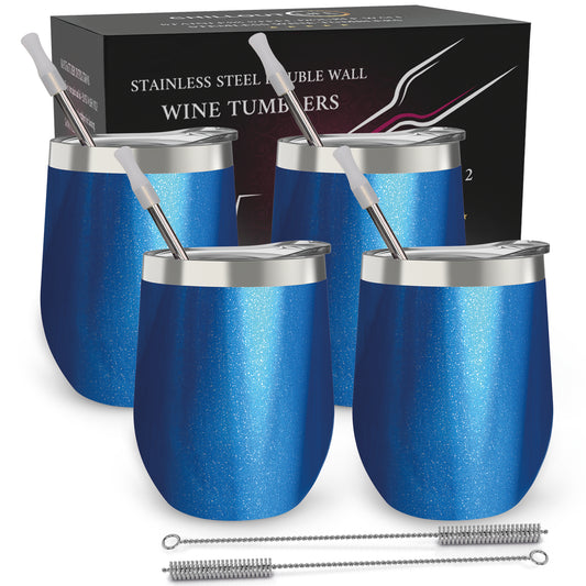 Stainless Steel Double Wall Wine Tumbler - Blue Sparkle